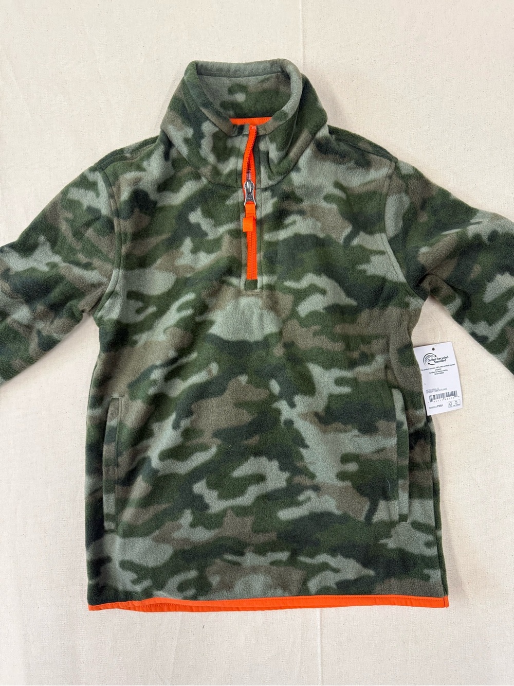 Amazon‎ Essentials Kids Green Camo Fleece Pullover with Orange Accents